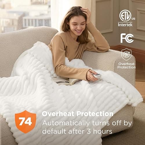 Bedsure Heated Blanket Electric Throw - Thick Striped Flannel Electric Blanket, Heating with 4 Time Settings, 6 Heat Settings, and 3-Hour Timer Auto Shut Off, Gift for Grandma (50x60 inches, White) thumbnail 5