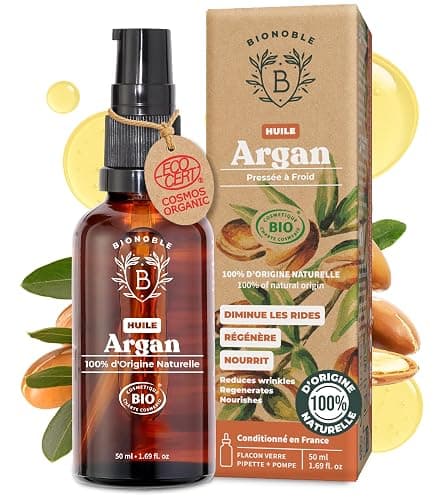 BIONOBLE Huile d'Argan Bio 100% Pure, Pressée à Froid au Maroc - Répare et Nourrit, Anti-Âge - Huile Argan Cheveux, Visage, Corps - Vegan, Sans Hexane - Flacon Verre avec Pipette et Pompe - 50ml - Image 1