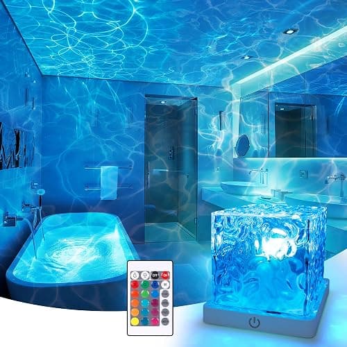 Rechargeable Shower Light No Wiring, 16 Color Changeable Ocean Wave Projector Light, Dimmable Waterproof Shower Lamp with Remote, Rotating Flame Water Ripple Lamp for Shower, Bathroom, Bedroom Decor - Image 1