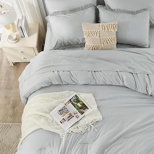 Andency Light Grey Queen Size Comforter Set with Sheets - 7 Pieces Boho Tassel Bed in a Bag Soft Lightweight Bedding Sets, Light Grey Fringe Bed Set with Comforter, Sheets, Pillowcases & Shams thumbnail 7