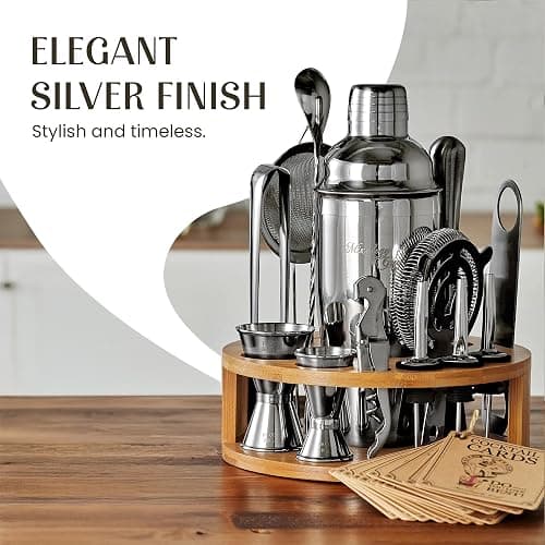 Mixology & Craft Bartender Kit – 15 Piece Cocktail Shaker Set with Bamboo Stand | Complete Cocktail Kit Gift Set | Top Bartender Gifts for Men & Women | Exclusive Recipe Cards (Silver) thumbnail 6