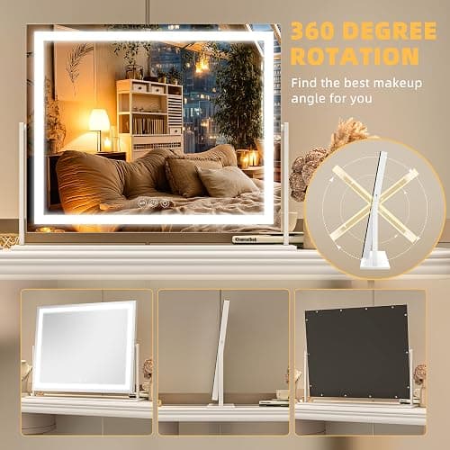 Batuso Vanity Mirror with Lights, 24'' x 20'' Lighted Makeup Mirror, Touch Screen with 3-Color Lighting, Dimmable for Vanity Desk Tabletop Square White thumbnail 6