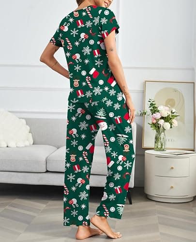 Ekouaer Pajama Sets for Women Round Neck Pjs Short Sleeve Sleepwear with Long Pants Loose Lounge Sets thumbnail 4