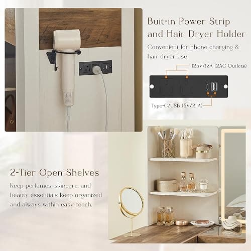 OKD 48" Makeup Vanity Desk with Mirror and Lights, Glass Top, Antique White | Modern L-Shaped Corner Vanity for Women,large mirror,LED Lights,4 Drawers,Open Storage Shelves,Charging Station,Dryer Holder thumbnail 7