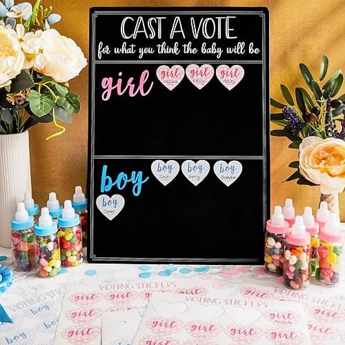 Juvale Boy or Girl Voting Board - Interactive Gender Guessing Board - Classic Black Chalkboard Baby Shower Decoration - Easy Tabletop Display for Baby Shower Games - Black, 12 x 17 in, 144 Stickers thumbnail 2