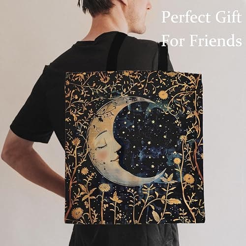 LADOCK Boho Floral Crescent Moon Tote Bag, Witchy Gothic Moon and Stars Canvas Tote Bags for Women, Mystical Celestial Boho Botanical Reusable Grocery Shopping Bags thumbnail 4