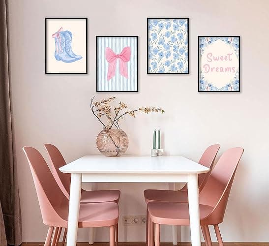 4pcs Trendy Preppy Wall Art Pink Bow Boots Blue And White Stripes pictures wall decor Sweet Dreams Blue Flowers Posters Prints Artwork for Home Bedroom Dorm Home Decration 8x10in Unframed thumbnail 6