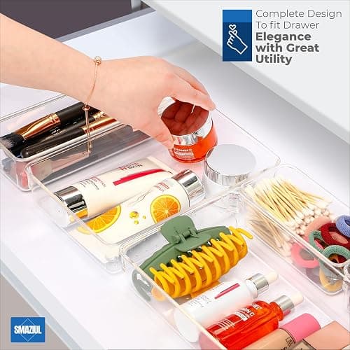SMAZIUL 14 Pcs Clear Drawer Organiser with 4 sizes Desk Organizer ideal for organizing, cosmetics, makeup, jewelry, office supplies, bathroom accessories & much more thumbnail 5