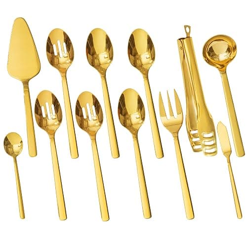 KINGSTONE Large Hostess Gold Serving Utensils Set, 18/10 Stainless Steel -10 inch Serving Spoons, Slotted Spoons, Forks, Tongs, Cake Pie Server, Butter Knife, Sugar spoon for Buffet, Wedding, Party - Image 1