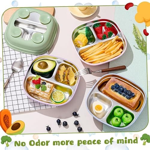 Geiserailie Square Stainless Steel Toddler Plates with Suction – 7.68” Divided Plates with Removable BPA-Free Silicone Sleeves, Unbreakable Baby Feeding Dishes Set of 4 (Pink,Green,Purple,Blue) thumbnail 2