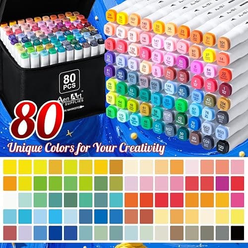 AenArt Alcohol Markers, 80 Color Dual Tip Art Drawing Markers, Artist Pens with Organizing Case for Adult Drawing Coloring Sketching（White Barrel） thumbnail 3