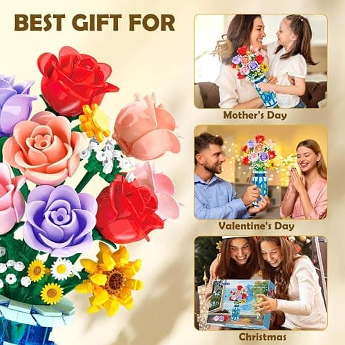 CUBIMANA Roses Flowers Building Set with Vase & LED Light, Mother's Day 16 Mini Flowers Bouquet Botanical Building Blocks Toy, Birthday Gifts for Adults, Artificial Flowers for Home Decor & Display thumbnail 6