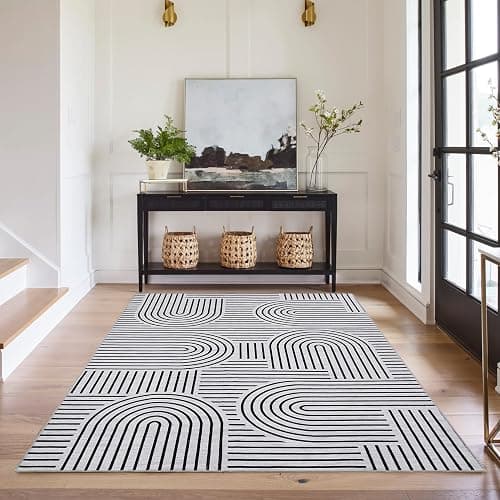 ROYHOME Washable Rug 5x7 Area Rugs for Living Room, Abstract Rug for Bedroom, Soft Rainbow Non Slip Rugs with Rubber Back, Low Pile Stain Resistant Boho Geometric Carpet for Dining Room, Blackwhite thumbnail 3