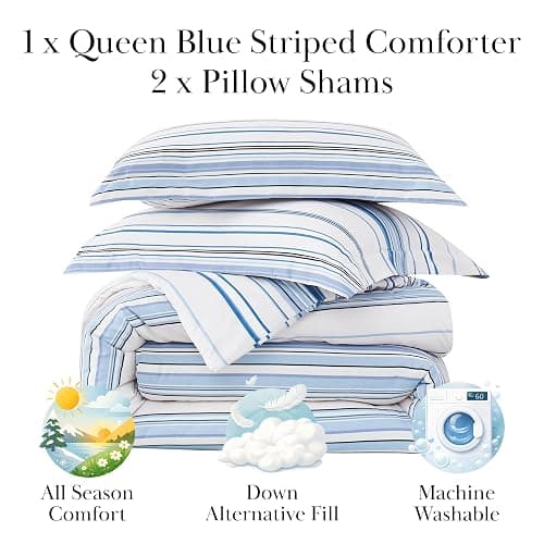 Southshore Fine Living, Inc. 3-Piece Striped Comforter Queen Set, Down Alternative Coastal Comforter Full Size with 2 Pillow Shams, Microfiber Bedding Set, Full or Queen Bed, Coastal Stripes Blue thumbnail 2