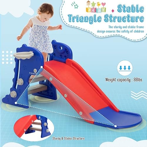 Nyeekoy 3 in 1 Toddler Slide, Kids Slide Climber Playset with Basketball Hoop, Indoor and Outdoor Playground for Kids, Folding Design Freestanding Baby Slide, Easy Assembly - Blue thumbnail 5