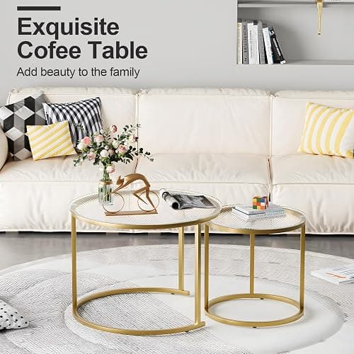 aboxoo Nesting Coffee Table Set of 2, Small Round Glass Nesting Tables for Living Room Bedroom, Accent Tea Table with Gold Metal Frame Modern Industrial Simple thumbnail 3