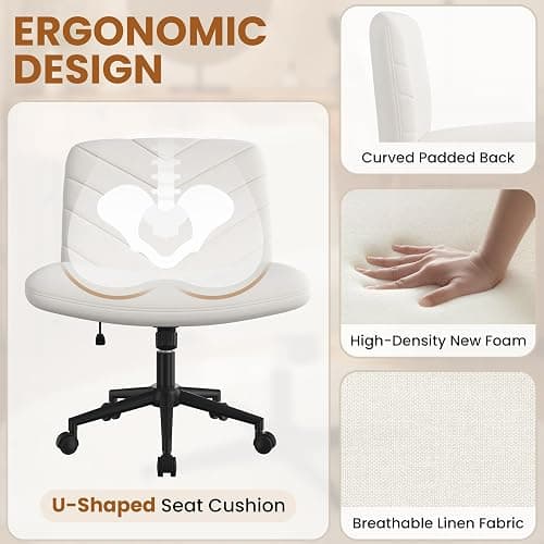 Yaheetech Wide Criss Cross Legged Office Desk Chair with No Wheels, Vanity Comfy Swivel Computer Chairs for Home Office Reading Makeup, Beige thumbnail 6