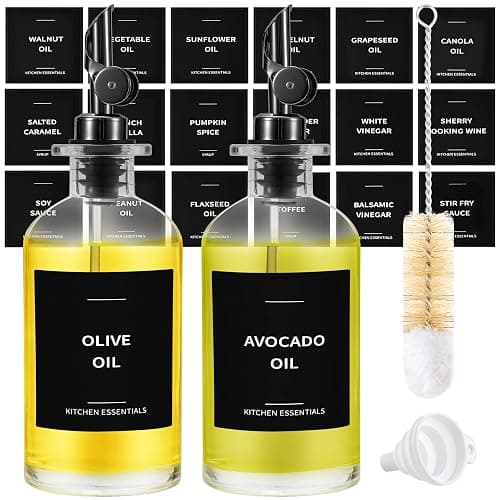 Spaceneat Olive Oil Dispenser Bottle - Includes 55 Kitchen Essential Labels - Cooking Oil Bottles for Kitchen, Coffee Syrup Dispenser - Pourer Spout with 11.8 fl oz Glass Container Cruet - 2pcs, Black - Image 1