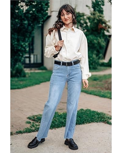 GRAPENT Straight Leg Jeans for Women High Waisted Stretchy Frayed Raw Hem Loose Denim Pants Casual Baggy Jean Trousers thumbnail 5