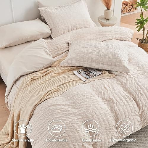 HYMOKEGE Beige Twin XL Comforter Set Seersucker 5 Pieces, All Season Luxury Bed in a Bag for Bedroom, Bedding Set with Comforter, Sheets, Pillowcase & Sham thumbnail 3