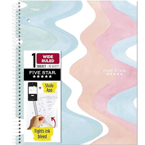 Five Star Spiral Notebook + Study App, 1 Subject, Wide Ruled, 8" x 10-1/2", 80 Sheets, Fights Ink Bleed, Water Resistant Cover, Pastel Waves (930060F) - Image 1