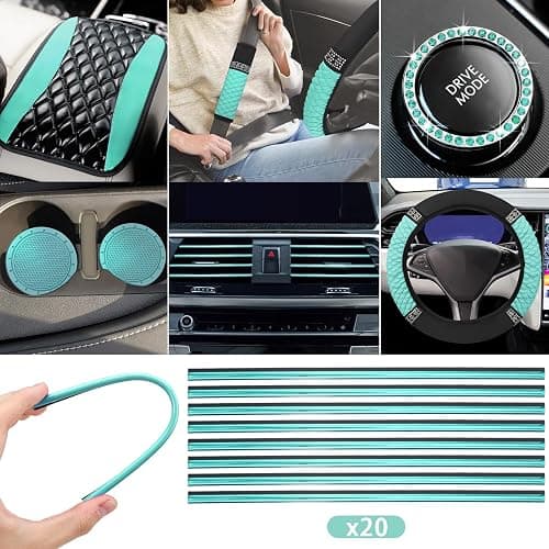 BBTO 43 Pcs Bling Car Accessories Set for Women Front Seats and Rear Bench Polyester Car Seat Protectors Wheel Cover Seat Floor Mats Full Crystal Automotive Interior Decor(Mint Green) thumbnail 3