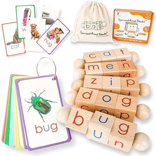 LITTLE BUD KIDS Spin-and-Read Montessori Phonetic Reading Blocks with CVC Phonics Flashcards for Beginner Readers, Montessori Reading Wooden Toys for 3 Years + - Image 1