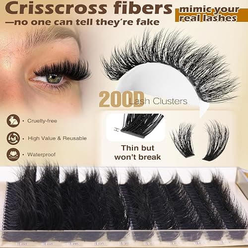 Focipeysa Lash Extension Kit Thick Eyelash Extension Kit 10-18mm Fluff Volume Lash Clusters 200D Individual Eyelashes Kit with Lashes Bond, Lashes Remover, Lash Tweezers, DIY Lash Extension thumbnail 2