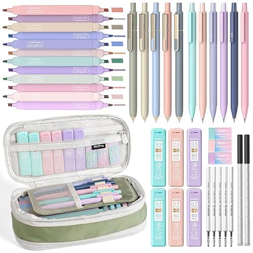 Nicpro Aesthetic School Supplies Stationary Set with Pen Case, 39 PCS Green | Back to Schoo Supplies, Pen Case with 12 Highlighter, 5 Gel Pen, 6 Mechanical Pencil, Essentials for College, Nursing Student - Image 1