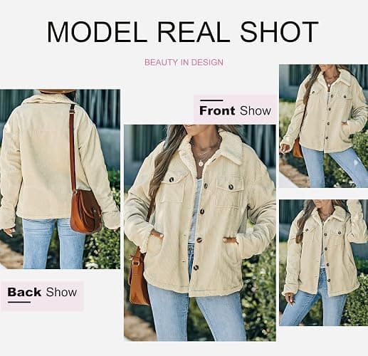 Dokotoo Corduroy Sherpa Jacket for Women Button Down Fleece Fur Collar Winter Warm Coat thumbnail 4