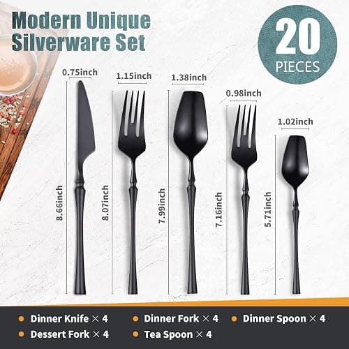 Lemeya 20-Piece Matte Black Silverware Set for 4,Modern 18/10 Stainless Steel Flatware Set,Unique Rustic Cutlery Utensils Set,Spoon and Fork Set for Home, Restaurant,Mirror Polished,Dishwasher Safe - Matte Black 20 Pieces Set with Tea Spoon thumbnail 3