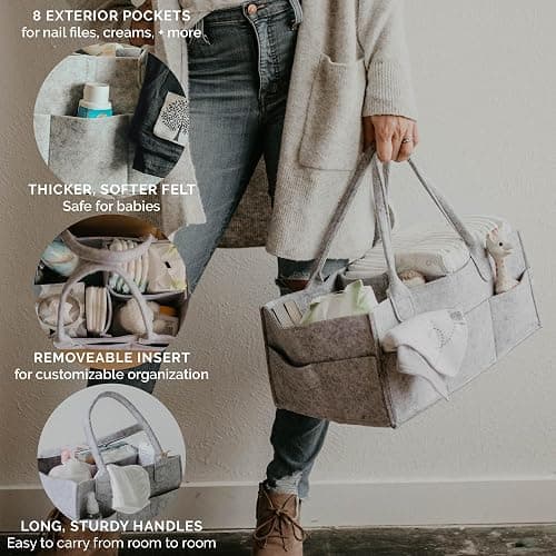Parker Baby Co. Felt Diaper Caddy Organizer - Regular, Gray | Portable nursery storage bin for diapers, wipes, bottles & baby essentials for home/car. Soft felt, foldable design 13x9x7" thumbnail 4