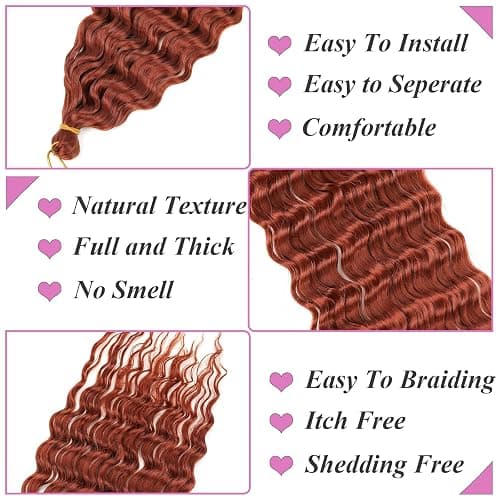 Samtress 24 Inch Ocean Wave Crochet Hair 3 Packs Long Deep Wave Crochet Hair Copper Red Curly Braiding Hair Synthetic Water Wave Bohemian Twist Crochet Braid Hair Extensions (#350) thumbnail 3