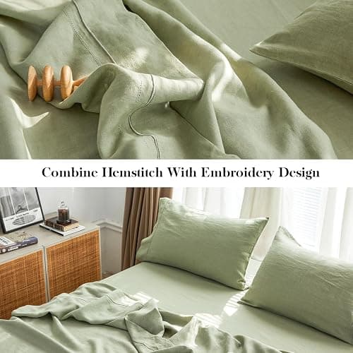 Simple&Opulence 100% French Linen Sheet Set Breathable Durable for Hot Sleepers Bedding 4 pcs - 1 Flat Sheet,1 Fitted Sheet,2 Pillowcases with Hemstitch Lace Embroidery Design (Sage Green, Queen) thumbnail 5