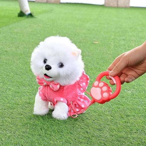 Hopearl Walking Pomeranian Interactive Electronic Pet Dog Toy Remote Control Leash Animated Puppy Nodding Barking Wagging Tail Gifts for Toddlers Birthday, White, 10'' thumbnail 2