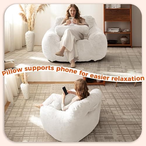 EBENCHICO Bean Bag Chair for Adults with Pillow,Oversized Bean Bag Couch for Adults and Kids,Giant Lazy Couch Sofa Chairs with Filler,Large Reading Chair for Living Room Bedroom,White thumbnail 4