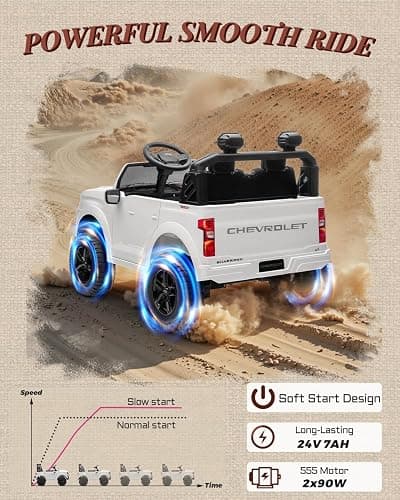 First Ride On 24V 2 Seater Ride on Car for Kids, Licensed Chevrolet Silverado Electric Car for Kids with Remote Control, Ride on Truck with Bluetooth, LED Lights and Seat Belts (White) thumbnail 7