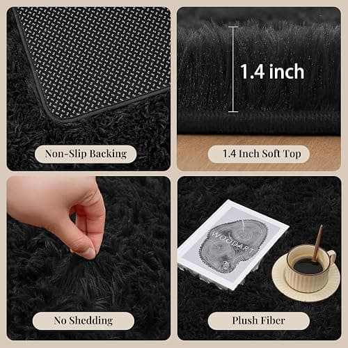 PLHXFR 6x9 Area Rugs Living Room: Fluffy Bedroom Rug Shag Carpet Black | Upgrade Non-Slip High Pile Carpet Fuzzy Plush Indoor Floor Decor Shaggy Rugs for Kid Boys Girls Playroom Nursery Modern Home thumbnail 5