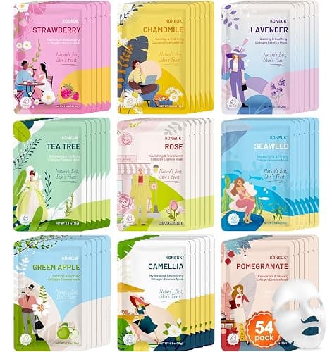 54 Pack Bulk Sheet Face Masks Skincare, Hydrating and Moisturizing Face Mask for All Skin Types, Collagen Facial Masks for Skin Care, Easter Basket Stuffers, Mothers Day Gifts (9 Types x 6 Pcs) - Image 1