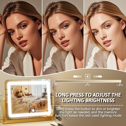 FENNIO Vanity Mirror with Lights, 12" x 16" Lighted Makeup Mirror with Smart Touch Control, 3 Color Modes & Brightness Adjustable, LED Makeup Mirror with 10X Magnification, 360° Rotation （Gold thumbnail 4