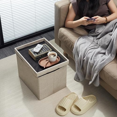 AmasSmile Beige Ottoman with Storage,Foot & Leg Rest Stools Small Cute Stool Short Bench Folding Ottomans Square Footstools for Shoe Living Room Under Desk Outdoor RV Camper Each Space Storage thumbnail 4
