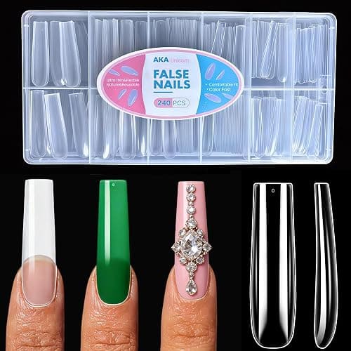 AKA Unicorn Square Gel Nail Tips, 240Pcs Pre-Shaped Full Cover Clear False Nail Tips for Nail Extensions, Long Square Nails Clear Press On Nails for Salon & Home DIY 12 Sizes - Image 1