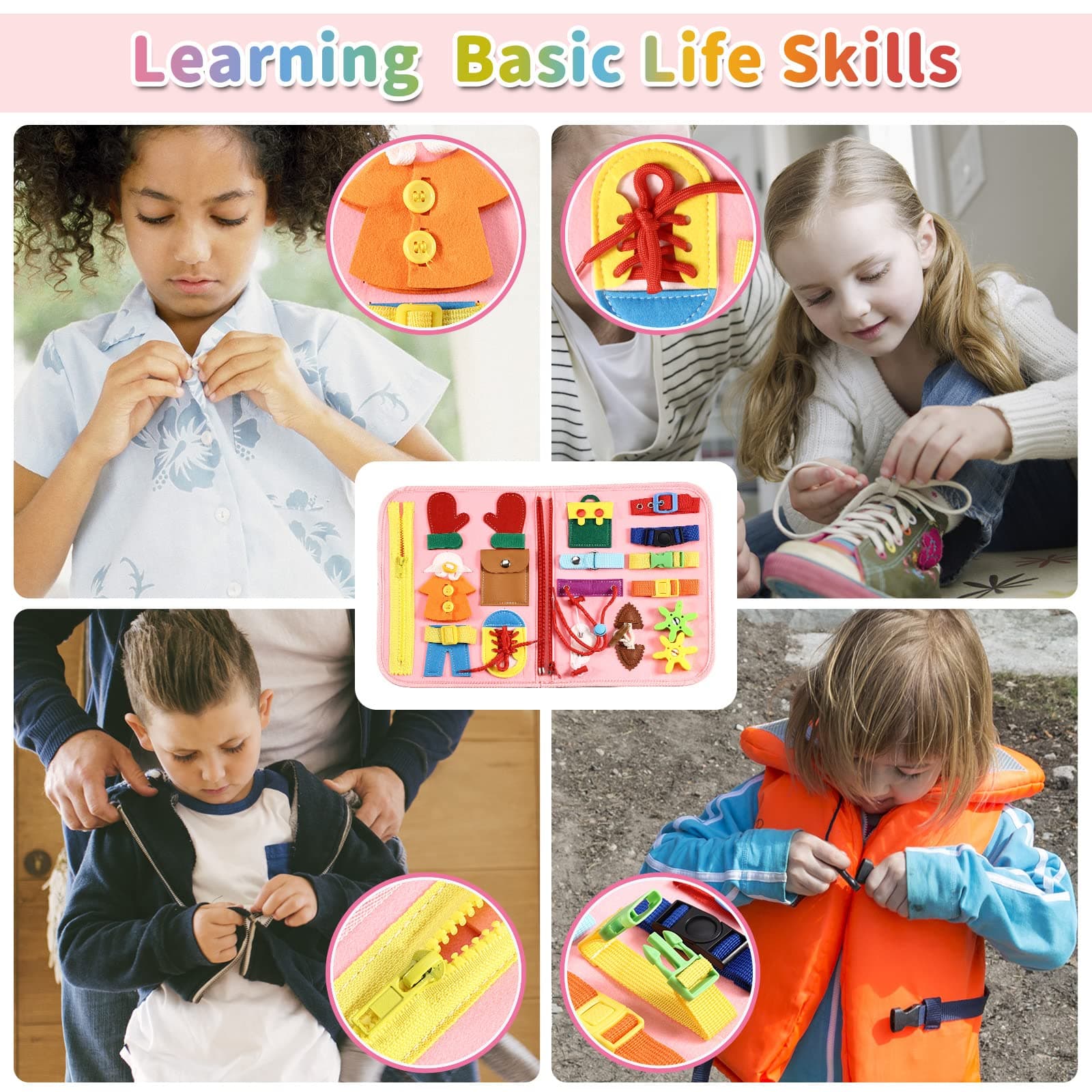 Busy Board Bag for Toddler with Zipper Removable 5 Page, Sensory Activity Developing Board Toys for Preschool, Quiet Book Educational Toys, Montessori Learning Early Education Travel Toy(Pink) thumbnail 4