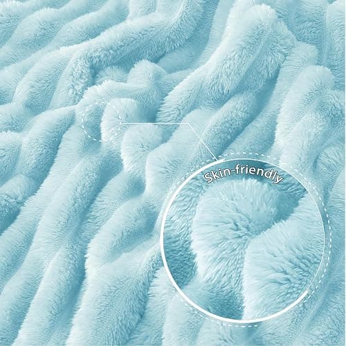 Exclusivo Mezcla Fleece Throw Blanket for Couch, Super Soft Striped Jacquard Bed Blanket, Lightweight Fuzzy Cozy for All Seasons, 50x60 Inches, Light Blue - Light Blue - Throw (50"x60") thumbnail 6