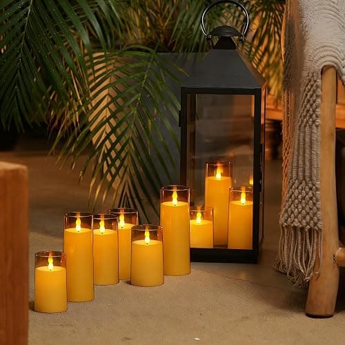 Homemory Amber Flickering Flameless Candles, Battery Operated Acrylic LED Pillar Candles with Remote Control and Timer, Fall Candles, Set of 9 thumbnail 3