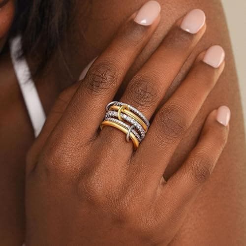 Decholly Gold Stackable Rings for Women, 18K Gold Plated Cubic Zirconia Rings Spinelli Silver Gold Multi Ring Mixed Metals Stackable Ring Set for Women Non Tarnish thumbnail 3