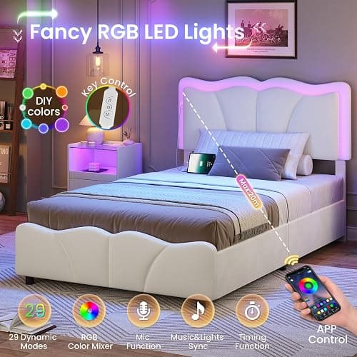 MSmask Twin Bed Frames with 4 Storage Drawers and LED Lights, Velvet Upholstered Platform Bed Frame with Height Adjustable Headboard, LED Bed Frame with Type C & USB, No Box Spring Needed, White thumbnail 4