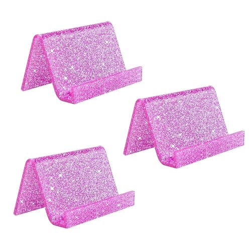 Rouidr Business Card Holder for Desk, 3 Pack Acrylic Business Card Holder Display for Office Desktop, School, Hotel Front Desk, Pink - Image 1