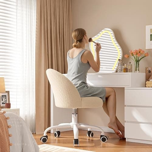 DurayLoly Vanity Chair with Back, Cute Desk Chair with Wheels, Armless Office Chair Height Adjustable, Soft Lumbar Support for Small Space, Bedroom, Light Yellow thumbnail 3