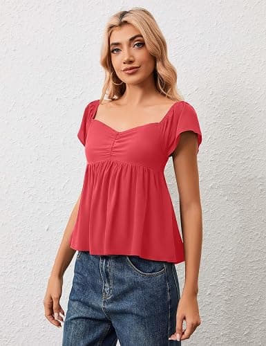 Navonta Peplum Tank Tops for Women Flutter Ruffle Short Sleeve Sweetheart Neck Cute Flowy Smocked Back Babydoll Tank Tops thumbnail 3